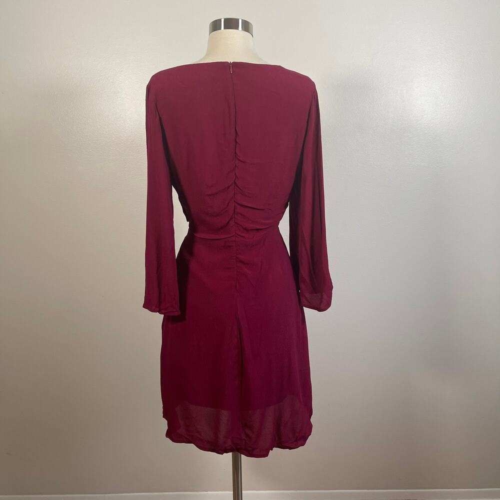Lulus • Claremont Burgundy Tie-Front Three-Quarter Sleeve Dress - Picture 3 of 5